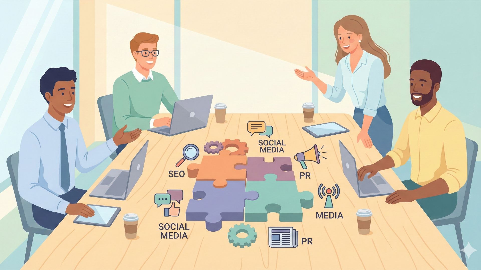 SEO、SNS、PRなど部署を超えたチーム連携のイメージ